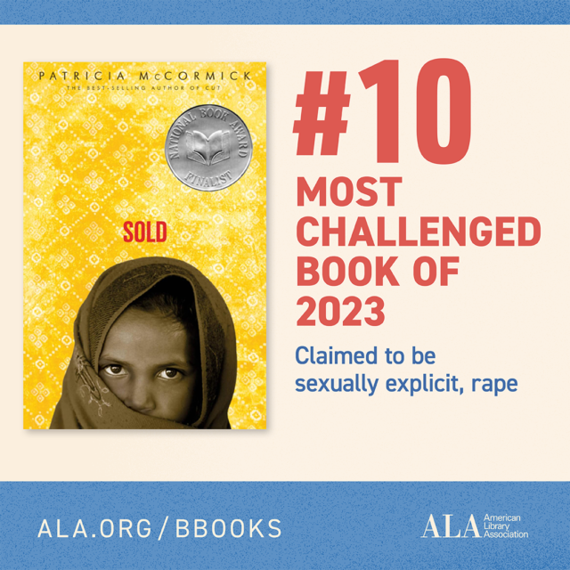 American Library Association infographic about the book SOLD, ALA's 10th most challenged book of 2023.